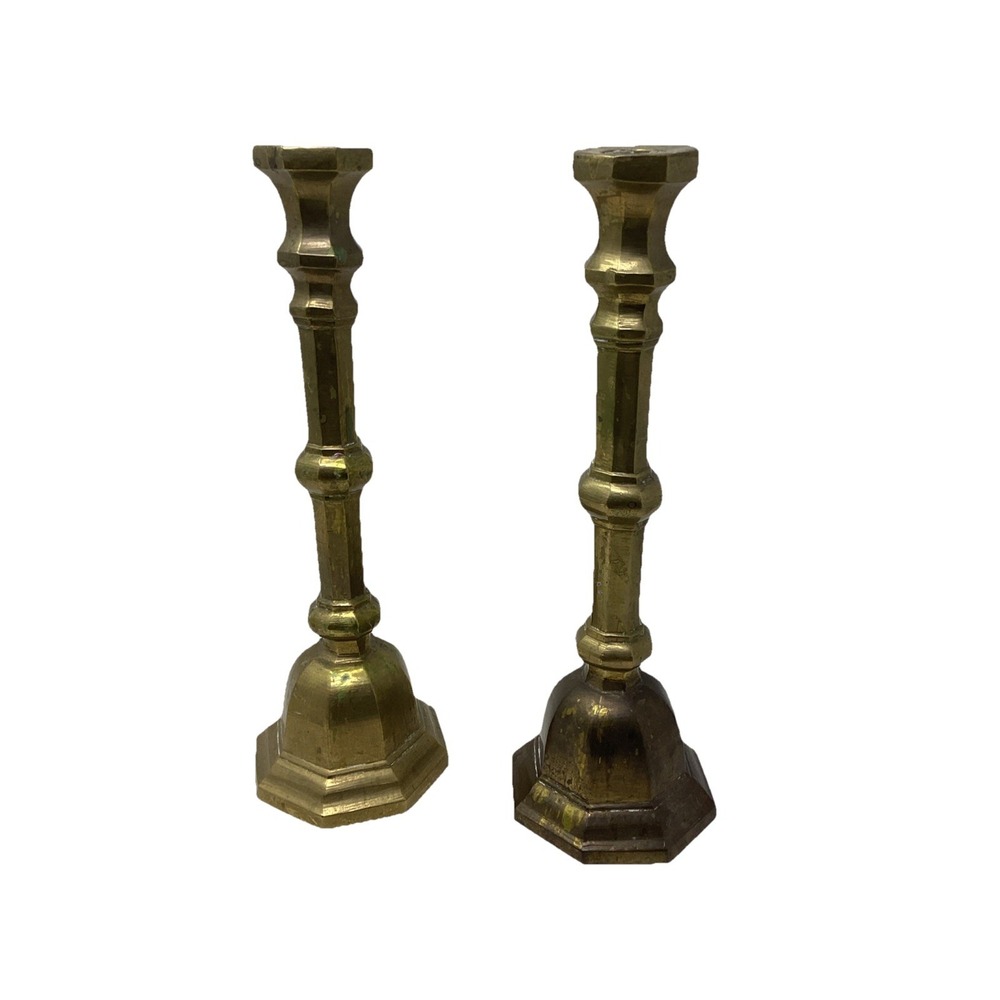 Set of 2 Vintage 11"Candlesticks Footed Solid Brass Victorian Style Octagon Base